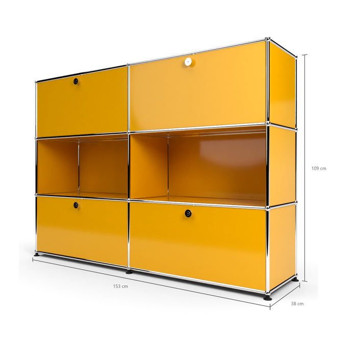 Highboard 3x2 mit 4 Klapptren oben und unten, Goldgelb