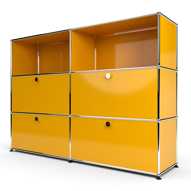 Highboard 3x2 mit 4 Klapptren mitte und unten, Goldgelb