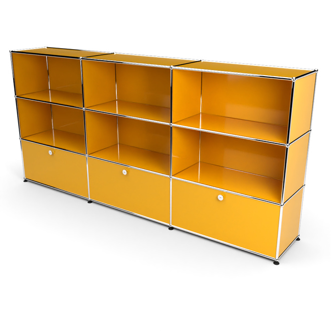 Highboard 3x3 mit 3 Klapptren unten, Goldgelb