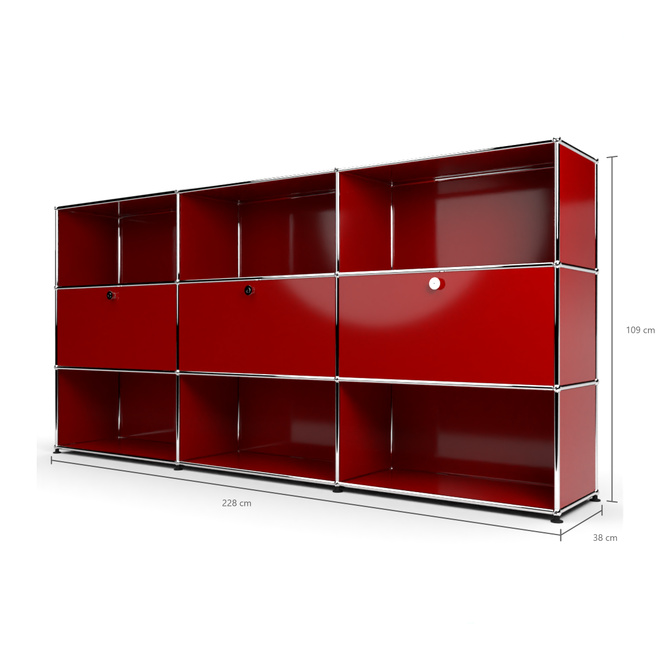 Highboard 3x3 mit 3 Klapptren Mitte, Rubinrot