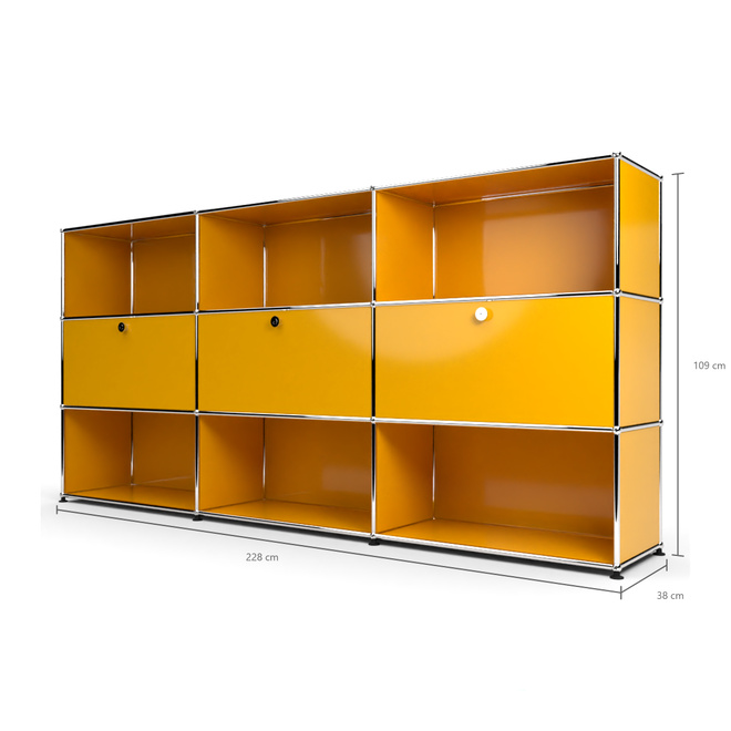 Highboard 3x3 mit 3 Klapptren Mitte, Goldgelb