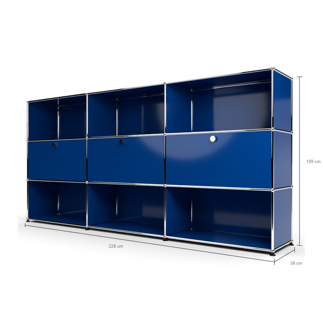 Highboard 3x3 mit 3 Klapptren Mitte, Enzianblau