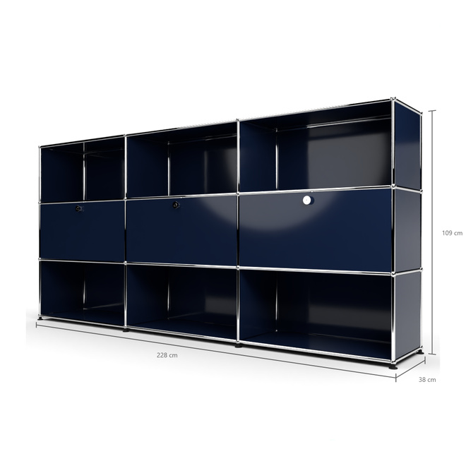 Highboard 3x3 mit 3 Klapptren Mitte, Stahlblau