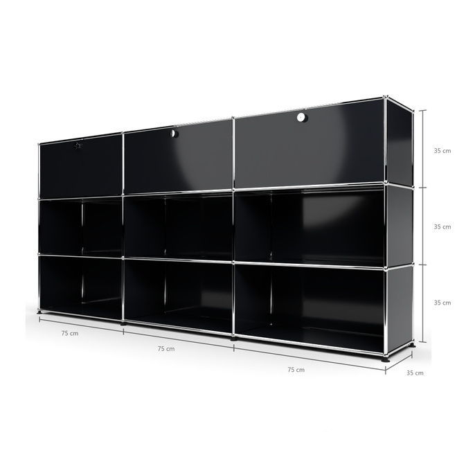 Highboard 3x3 mit 3 Klapptren oben, Graphitschwarz