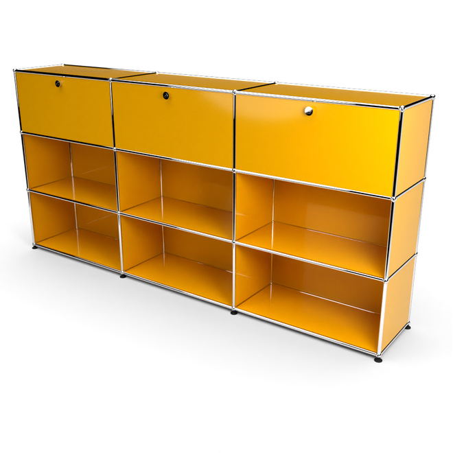 Highboard 3x3 mit 3 Klapptren oben, Goldgelb