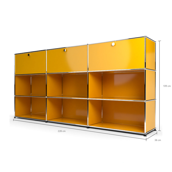 Highboard 3x3 mit 3 Klapptren oben, Goldgelb