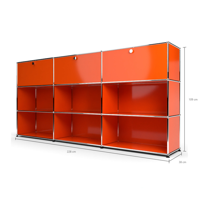 Highboard 3x3 mit 3 Klapptren oben, Orange