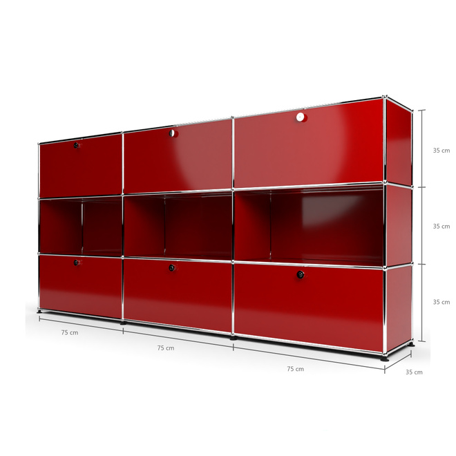 Highboard 3x3 mit 6 Klapptren oben und unten, Rubinrot