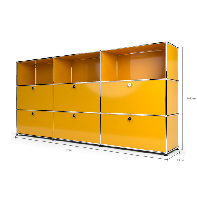 Highboard 3x3 mit 6 Klapptren mitte und unten, Goldgelb