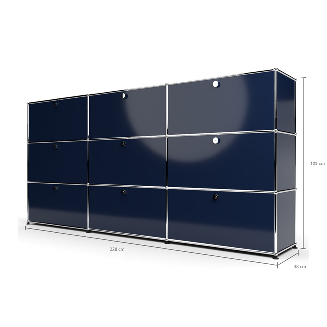 Highboard 3x3 mit 9 Klapptren, Stahlblau