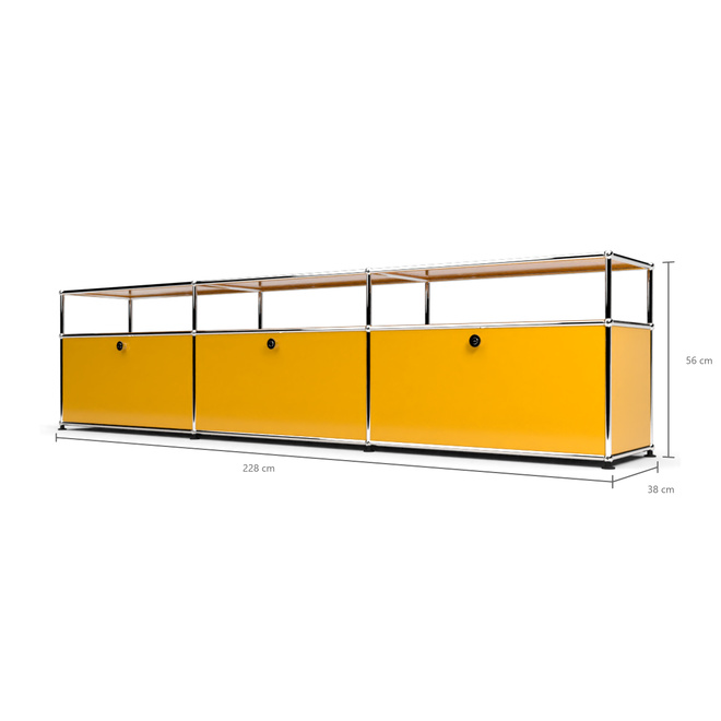 TV-Board 1x3 mit 3 Klapptren, mit Ablage, Goldgelb