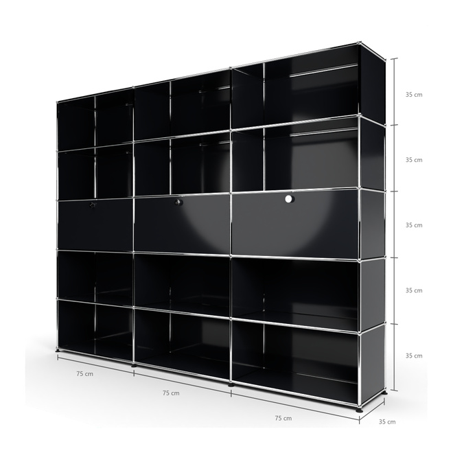 Wandregal 5x3 mit 3 Klapptren Mitte, Graphitschwarz