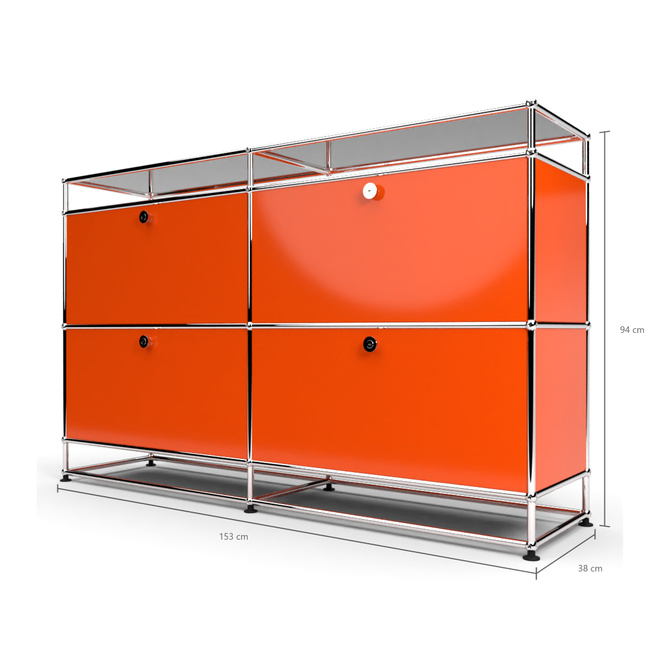 Sideboard 2x2 mit 4 Klapptren, mit Glasablage, Orange