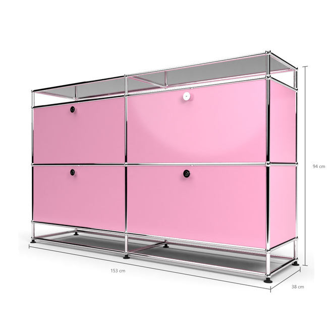 Sideboard 2x2 mit 4 Klapptren, mit Glasablage, Rosa