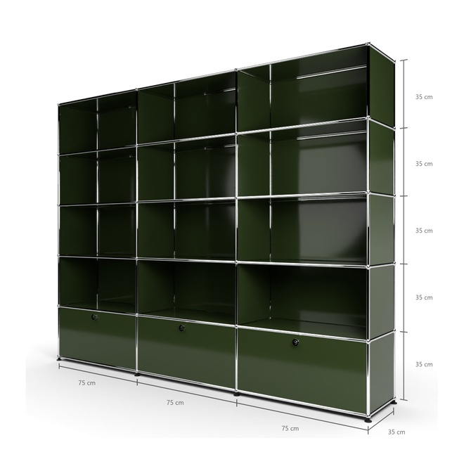 Wandregal 5x3 mit 3 Schubladen unten, Olivgrn